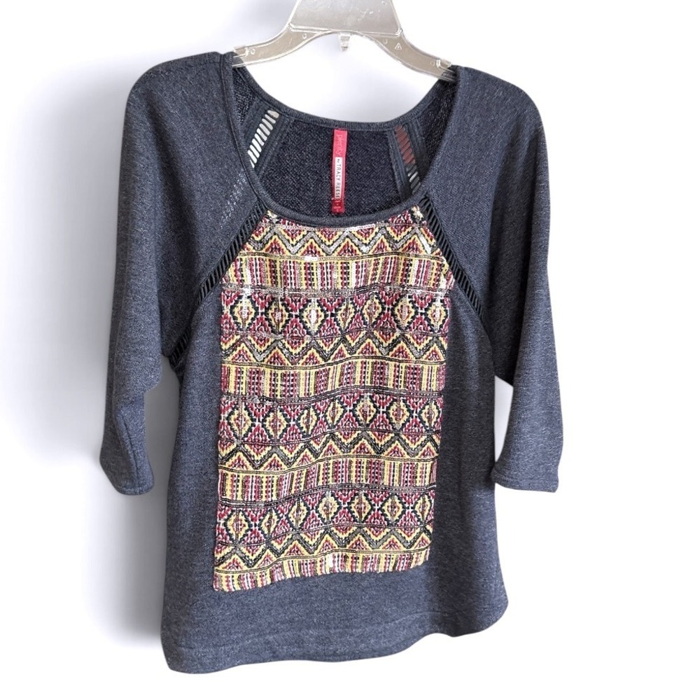 Plenty by Tracy Reese Sweatshirt Womens S Gray Sequin Geometric Boho Knit Top